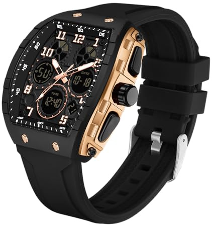 Forrader Uhren für Herren, einzigartig, rechteckig, Sport-Armbanduhr mit digitaler Analoganzeige, Dualzeitanzeige, Countdown, Stoppuhr, Punk, Cooles Design, 5 ATM wasserdicht, Herrenuhr