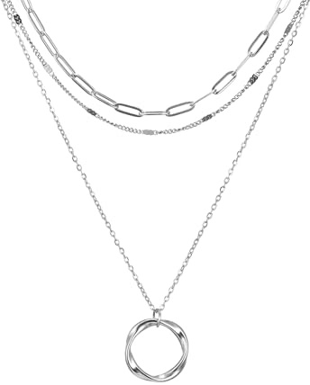AFSTALR Layering kedja damer 3 st flerradigt halsband guld silver roséguld med cirkel vridet hänge rostfritt stål choker halsband vattentätt smycke presenter för kvinnor flickor, 15+2, 16.5+2, 18