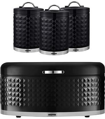 GEEPAS Argyle Tea Coffee Sugar Canister, Bread Bin, Mug Tree & Towel Pole Set | 9L Bread Box 1.3L Airtight Canister Set | Carbon Steel Build Kitchen Counter Storage Space Saver | Black