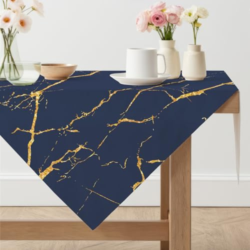 Arwllzz Tischdecke Leinenoptik Modern Abwaschbar 100 x 100 Quadratisch Mitteldecke Tisch Marmor Gold Tischwäsche Vintage Blau Tischdeko Geburtstag Landhausstil Tischtuch für Biertisch Party
