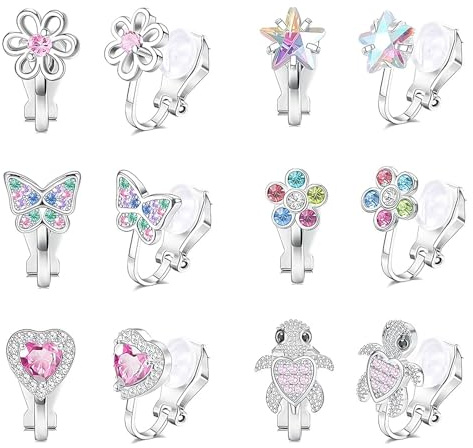 XFSRG 6 Pares Pendientes Clip para Niñas Mujeres Sin Perforar Corazones Flores y Arcoíris Hipoalergénicos Dulce Accesorio de Moda Infantil para Fiestas y Disfraces