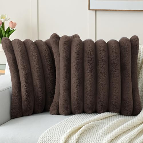 FUTEI Set of 2 Fluffy Faux Rabbit Fur Cushion Covers 45x45 cm,Dark Coffee | Wide Striped Textured Plush Fabric Front/Premium Velvet Back,Hidden Zipper,Machine Washable,Non-Shedding,Colorfast,No Filling
