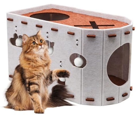 Katzenhöhle Filz, Katzenhaus aus Filz Katzenbett für Katzen, Abnehmbares Katzenbett, Katzenhaus Indoor, Katzenhöhle Katzen, Winterfest & Wärmeisolierend, Schutz der Katzennägel, 52x30x30 cm (Weiß)