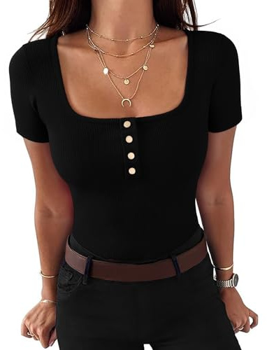 Gyabnw T Shirt Femme Col Carré À Côtes avec Boutons sur Encolure Haut Femme Été Manches Courtes Slim Fit Style Sexy pour L Été