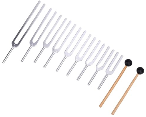 HUSHUI 9-teiliges Stimmgabel-Set, Sensorische Stimmgabeln aus Aluminiumlegierung mit Echtem Holz Zur Heilung von 174 Hz, 285 Hz, 396, 417, 528, 639, 741, 852, 963