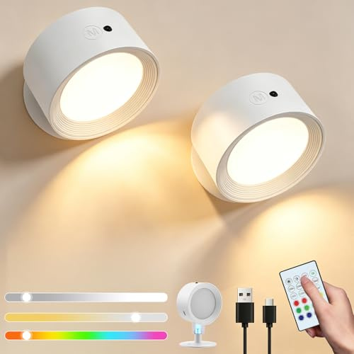 2PCS Battery Operated LED Wall Lights, Rechargeable Wall Sconce Indoor with Remote Control, 3 Brightness Levels, 12 RGB, 360° Rotatable Touch Control, Cordless Wall Lamp for Living Room Bedroom