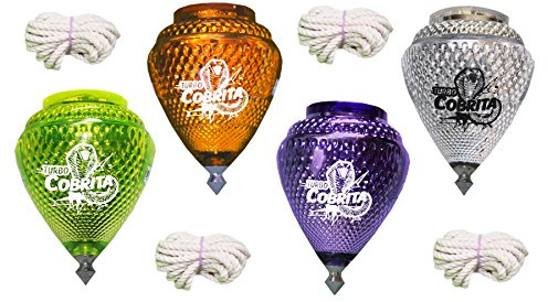 4 Pack Mini Cobra Durable Plastic Spin Tops & Metal Tip Made in Mexico - Trompo Mexicano COBRITA Plástico Durable & Punta de Metal (Pack of 4 Assorted Colors)