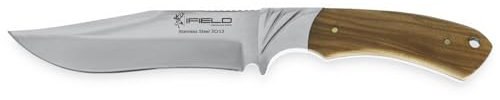 iFIELD Cuchillo de caza deportivo Camper EL29014, mango Olivo, hoja de 14 cms, largo total 26 cms, virola de acero, funda de piel marrón, herramienta de camping para pesca, caza, actividad deportiva