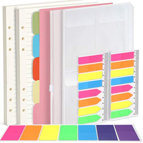 FANDAMEI A5 Nachfüllbare Notizpapier Set, 2 Packe 6 Löcher A5 Nachfüllpapier A5 Liniert 90 Blätter/180 Seiten, 5 Stücke Farbige Trennblätter A5, 460 Stücke Haftnotizen Bunt, 2 Stk. Umschlägbeutel A5