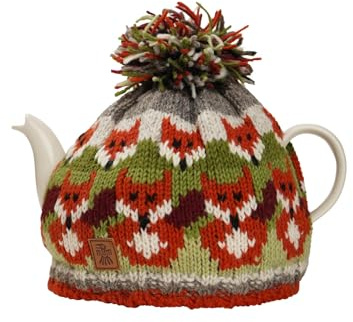 Pachamama Handknitted Medium 4-6 Cup 1.2L Wool Tea Cosy/Teapot Cover - Fox Pattern Insulated Handmade Fair Trade Multicoloured