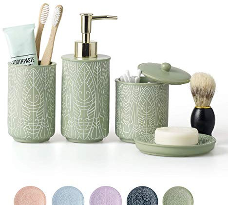 Premium pastellgrönt badrumstillbehörsset, grön, boho-dekor. Accessoarer för Baños. New Apartment Essentials. Grön tandborsthållare och tvåldispenser.