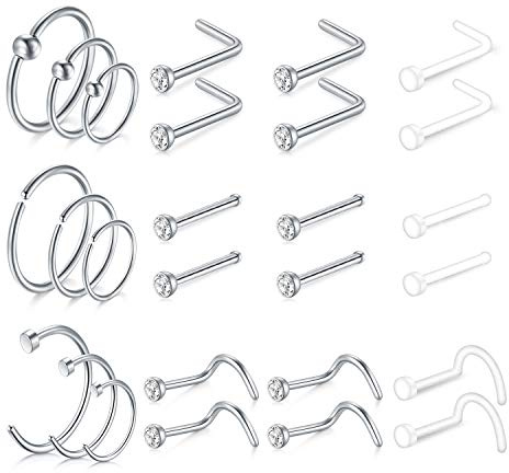Mayhoop 20G Nose Rings Nose Stud Set Surgical Steel Nose Studs Nose Screw Nose Hoop Rings CZ Nose Piercing Jewelry for Women Men