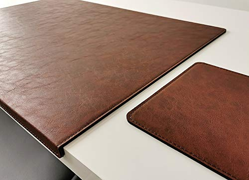 Gewinkelte Schreibtischunterlage mit Kantenschutz und Mauspad in Lora Leder 70 x 47 braun