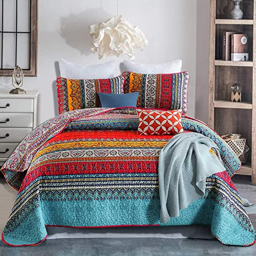WONGS BEDDING Double Size Reversible Bohemian Bedspread with 2 Pillowcases Boho Striped Bedspread Coverlet for All Season Soft Microfiber Quilt 220x240cm