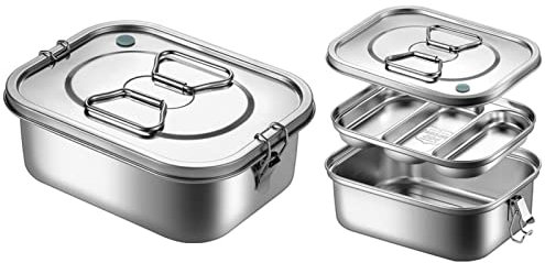 Brotdose Edelstahl 2000ml,Doppelschicht Brotdose Brotzeitbox Lunchbox mit 3 Fächern,Auslaufsicher Lunchbox aus Metall,bento Box mit Silikondichtung,Brotbox Frühstücksdosem für Kinder & Erwachsene