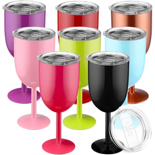 Yinder Weingläser aus Edelstahl mit Stiel, 340 ml, Edelstahl-Weinkelch mit Deckel, doppelwandig, isoliert, unzerbrechlich, isolierter Stiel, Becher für Freundschaft, Geburtstagsparty, 8 Farben, 8