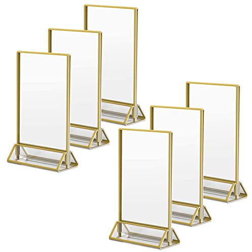 MENAYODA Goldener Doppelseitiger Bilderrahmen - 6 Stücke Acryl Fotorahmen Hochzeit Transparent Tischnummern Hochzeit Tischaufsteller Aufsteller Ständer für Hochzeit Tisch Nummer,Speisekarte (4x6“)