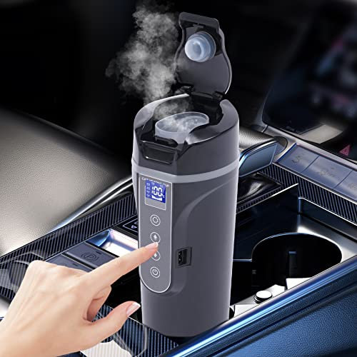KOLHGNSE Auto Wasserkocher, Reisewasserkocher 450ml Auto Heizungsbecher 12V Auto Beheizter Wasserbecher mit LED-Anzeige für Fahrzeug LKW Autozubehör (Schwarz)