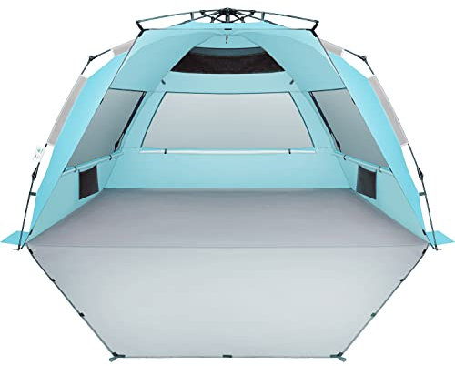 Oileus XX-Large Pop Up Strandzelt Sonnenschutz für 5-6 Personen Tragbarer Sonnenschutz Instant Zelt für Strand mit Tragetasche, Heringe, 6 Sandtaschen, Anti-UV für Angeln, Wandern, Camping, Himmelblau