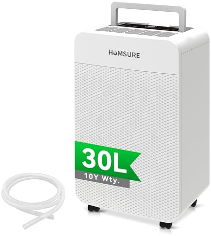HUMSURE Dehumidifier For Basements, 30L/Day Large Dehumidifier with Drainage Hose, 5.3L Water Tank, 24 Hour Timer, Automatic Defrosting & Child Lock