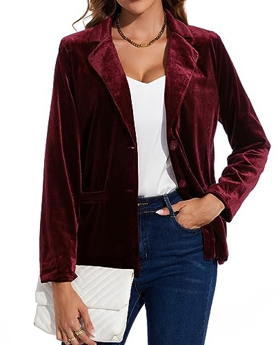 MINTLIMIT Women Velvet Suit Jacket Long Sleeve Notched Lapel Button Down Blazer Business Casual Outfits for Work, S, Wine Red