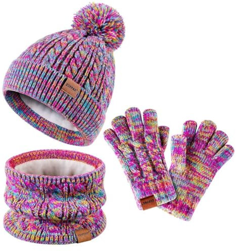 ZUPPAD Mütze und Schal Set, Beanie Winter Mit Bommel Strick Halswärmer Schlauchschal Warme Handschuhe Fleece-Gefüttertes Set für Kinder, Mädchen, Kleinkinder (Regenbogen-Mix)
