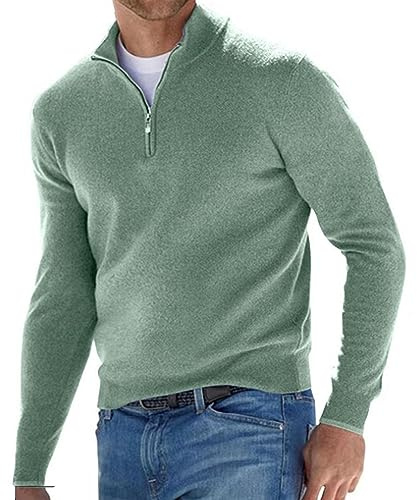 PODOLIXIA Jersey de punto para hombre Troyer de punto fino con cuello alto y cremallera, corte ajustado, jersey de punto, verde, M