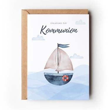 10 Einladungskarten Kommunion mit Umschlägen, maritime Einladungen Erstkommunion Segelboot, moderne Einladungskarten zum Ausfüllen Heilige Kommunion Jungen Mädchen (Einladung Kommunion Segelboot)