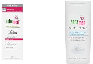 Sebamed Trockene Haut Urea Akut 10% Lotion parfumfrei 400 ml mit Spender & Dusch-Creme mit Mizellen-Komplex 200 ml, Duschcreme
