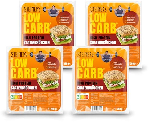 STEINER´s Low Carb High Protein Saatenbrötchen | 92% weniger Kohlenhydrate | high protein | nur 2,8g Kohlenhydrate | 23g Eiweiß (4er Pack, 16 Stk.)