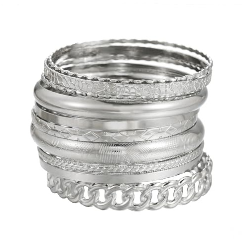 RINTOLER 10Pcs Chunky Silver Bangle Bracelets Set for Women - Multi Layer Stackable Textured Bracelets Indian Bangles Boho Jewelry Set (B-10PC-Silver)