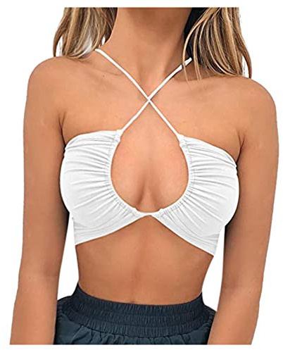 OBiQuzz Crop Tops Femme Sexy Transparent - Bustier Camisole Tops Sans Rembourré Sexy Débardeur Col en V Bretelles Dos Nu Crop Tops Spaghetti Streetwear, Blanc., S