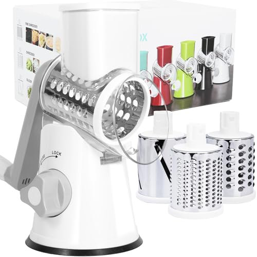 REDPANT Rotary Cheese Grater, Manual Cheese Shredder with 3 Interchangeable Blades, Cheese Grater Hand Crank with Strong Suction Base, Easy to Use and Clean, White
