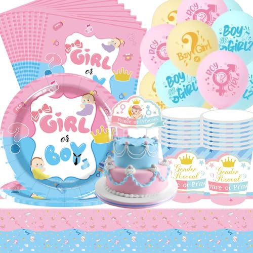 QWEPU Gender Reveal Party Dekoration, 44PCS Gender Reveal Partygeschirr, Boy or Girl Teller Party Geschirrset, Ballon-Girlanden-Dekorationen, Wiederverwendbar