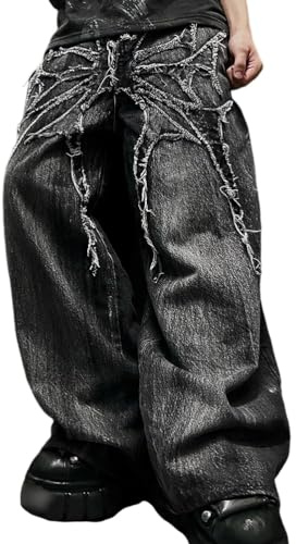 ORANDESIGNE Jeans Baggy Uomo Pantaloni Larghi per Uomo e Ragazzo Stile Skate Rap Baggy Hip Hop Nero Used Stone Wash Scuro R Grigio Scuro 3XL