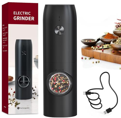 CIRCLE JOY Molinillo de Pimienta Eléctrico Molinillo de Especias Recargable con Luz LED Blanca, Capacidad de 70ml y Grosor Ajustable, Negro
