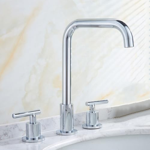 ZYCDP 3 Hole Bathroom Sink Tap Basin Mixer Tap Chrome, 360 Swivel Basin Mixer Tap 2 Lever Hot and Cold Water Mixer Tap for Bathroom Sink