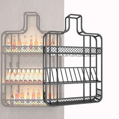 Weinregal Wand Metall mit Licht Flaschenregal Schmal mit Weinglashalter Wine Rack Bar Regal Wand Barschrank Weinständer Getränke Regal Mini Bar Vitrine Hängend für Bartheke Wohnzimmer Küche(Large)