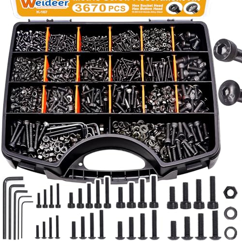 weideer 3670pcs M2 M3 M4 M5 Metric Screw Assortment Kit,Metric Bolt Assortment,12.9 Alloy Steel Hex Socket Head 10.9 Alloy Steel Hex Button Head Machine Screws Nuts Washers with Wrench