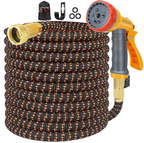 Manguera de jardín – Manguera extensible de 100 pies con pistola de pulverización de 10 funciones, manguera expandible flexible con látex de 3 capas y conector de latón macizo de 1/2 pulgada y 3/4