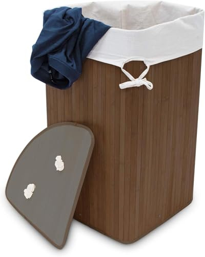 Relax World Cesto per Biancheria in Bambù, Portabiancheria Sporca Design ad Angolo, Marrone e Bianco, con Coperchio