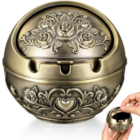 ULTECHNOVO Vintage Ashtray with Lid Smell Proof Bronze Rose Metal