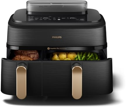 Philips Steam Airfryer 5000 Heißluftfritteuse, Schwarz/Kupfer, 9 L | 2 Körbe, Dampfgaren & Frittieren, SteamFry, RapidAir Plus Technologie, 12 Kochfunktionen, HomeID App (NA552/00)