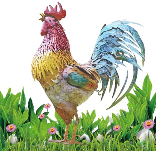 Statua di gallo in metallo - Scultura di pollo 30 cm per giardino esterno | Ornamento di statuette da cortile animale da fattoria per decorazione portico, arte di pollo in metallo rustico per cucina p
