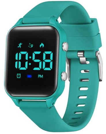 Timever digitalklocka, barn, flickor, pojkar, med stegräknare, väckarklocka, stoppur, ljus, datumsportarmbandsur utan app och mobiltelefon med silikonarmband, 07 mörkgrön, Rem