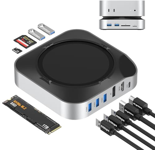 BAOZEE Mac mini M4 Dock con NVMe SSD Enclosure, Docking Station Dual Monitor per Mac mini M4/M4 Pro, Hub USB-C a 6 porte con HDMI 4K60Hz, DisplayPort, lettore di schede SD/TF, USB-A 10Gbps