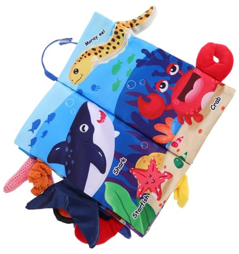 DECORNIJIA Knisterbuch Stoffbuch Neugeborene Sensorik Stoff Bilderbuch Ozean Thema mit 3d Schwanz Abnehmbar Geräuscharm Babyspielzeug zum Lernen und Beruhigen