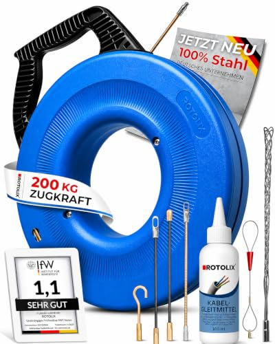 ROTOLIX® Kabeleinziehhilfe – Einziehspirale, 30m Kabel Einzugshilfe für Leerrohr mit Premium-STAHL-Seil & 200 KG Zugkraft | Einziehhilfe – Zugdraht für Elektro & Glasfaser