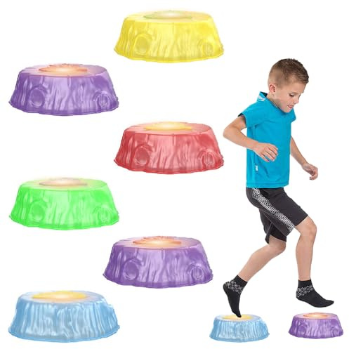 Light up Stepping Stones Kids, LED Non-Slip Balance Beam, 6PCS Kids Balance Stones Combo Set, Outdoor & Indoor Sensory Toys for Obstacle Course Sensory Play for Children
