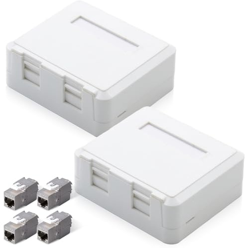2 x 2-Port CAT 7 Universal Netzwerkdose, 4 x CAT 7 Keystone RJ45 Modul Aufputz Netzwerkdose, Anschlussbox, LAN Dose für 10 Gigabit Ethernet, Netzwerk Dose Aufputzdose (Weiß)